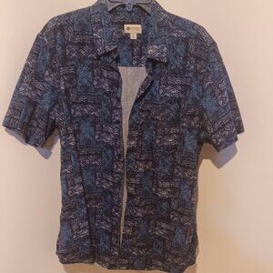Haggar Blue Aztec like Pattern Short Sleeve Collared Shirt w/Pocket Cotton L